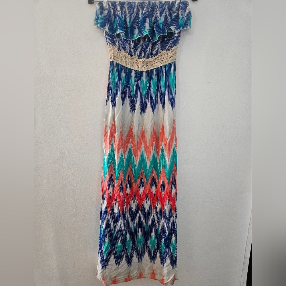 Aqua Blue Coral Ikat Chevron Strapless Maxi Dress with Crochet‎ Waist Small